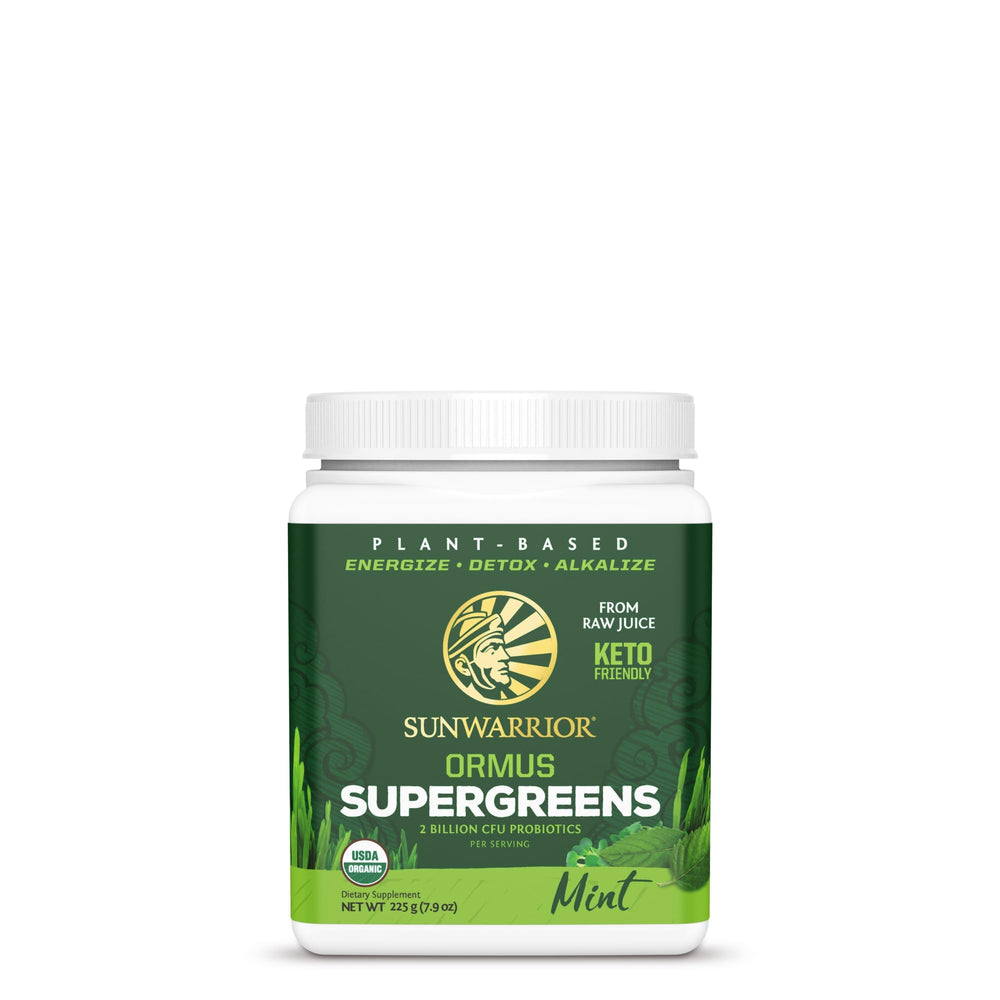Sunwarrior Organic Greens Powder glass mixer displays vibrant greens in drink.