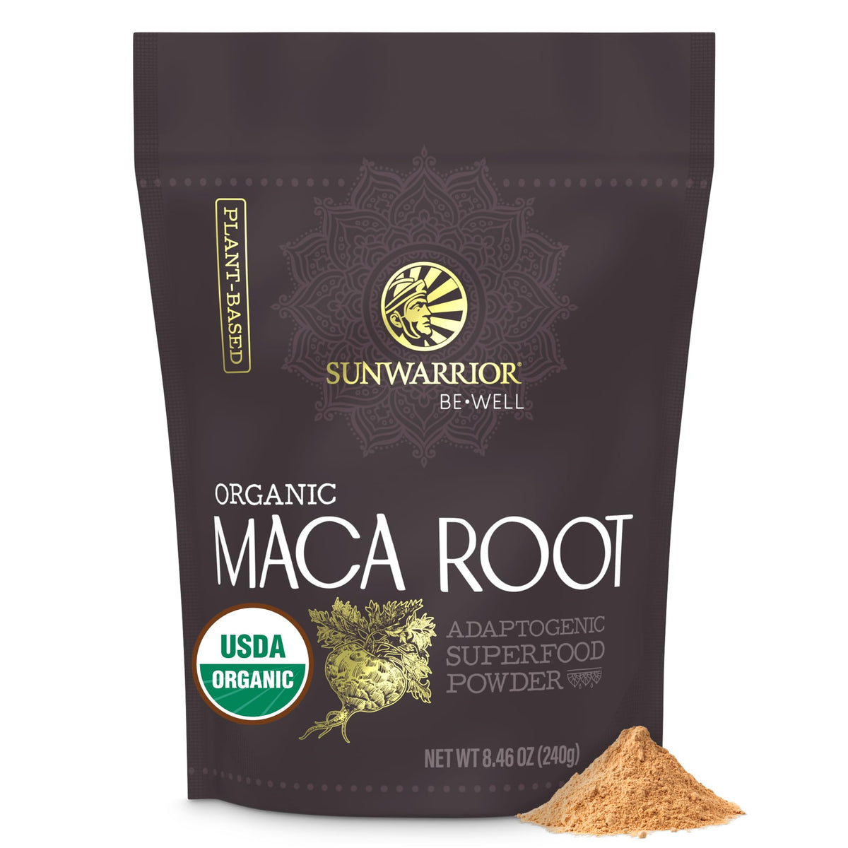Sunwarrior Organic Maca Yellow Powder jar shows premium maca for daily vitality and energy