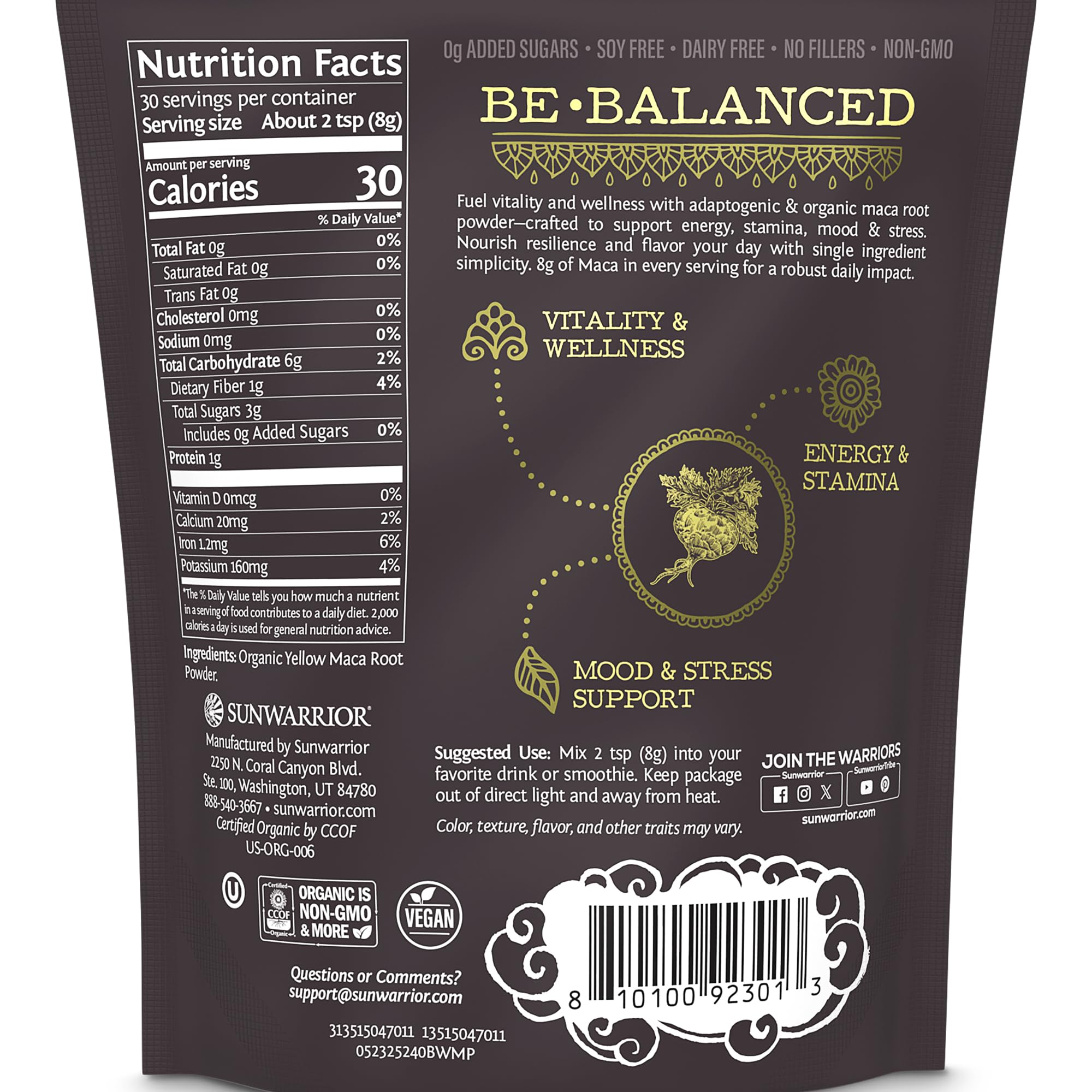 Sunwarrior Organic Maca Yellow Powder scoop ready for smoothies and routines
