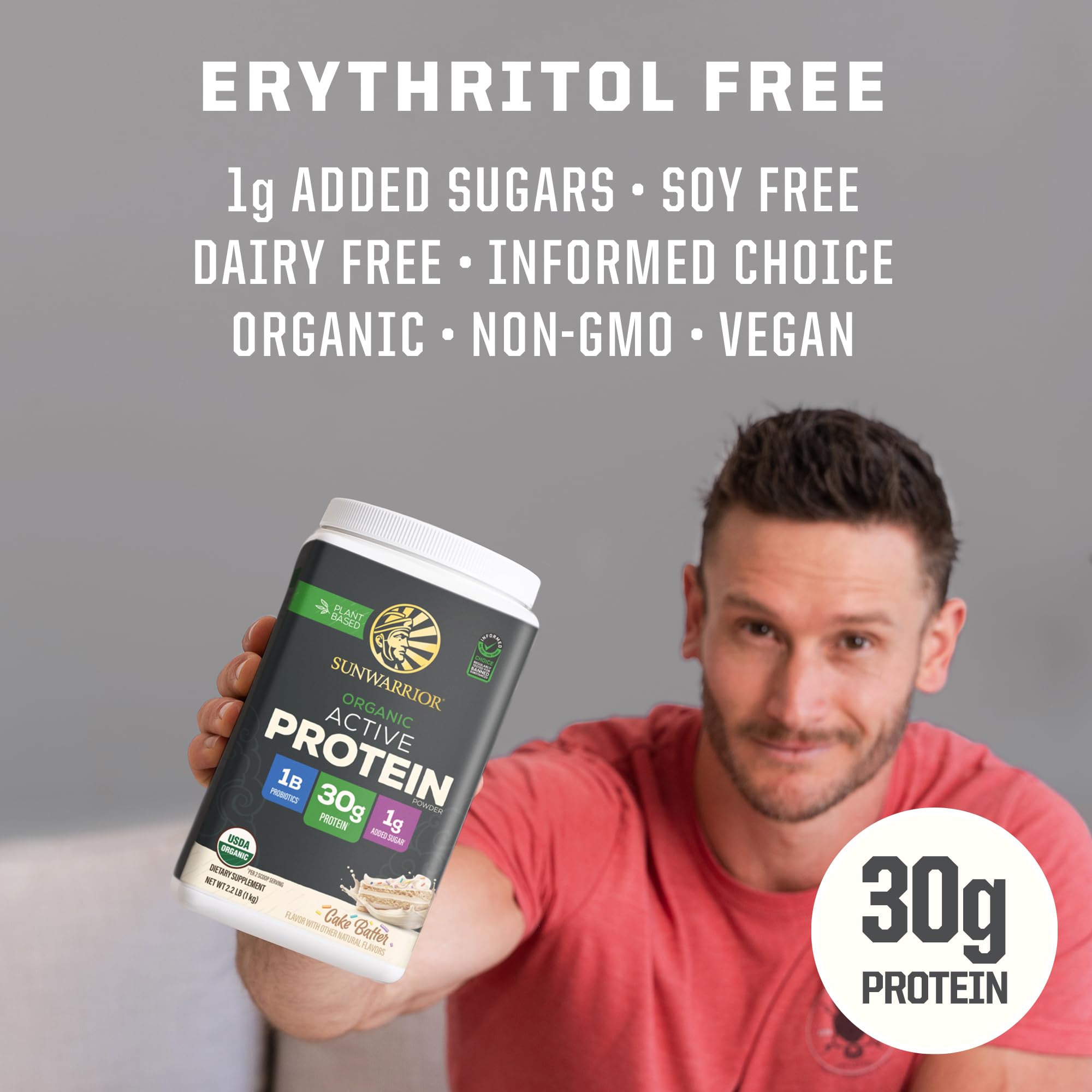 Sunwarrior Cake Batter nutrition panel highlights clean, allergen-friendly ingredients
