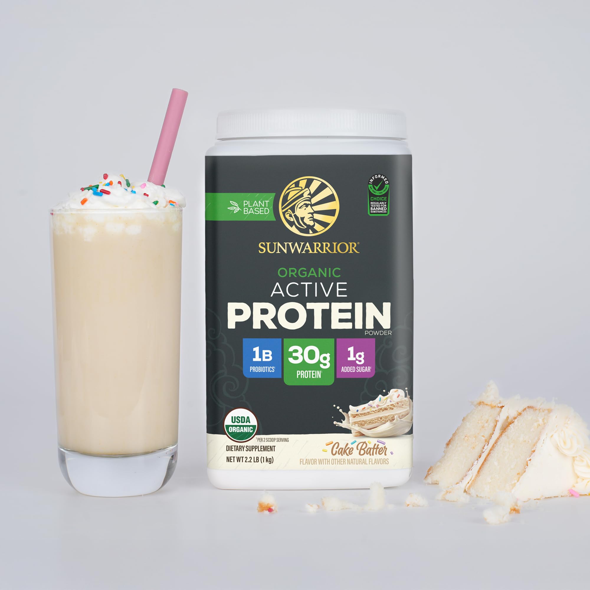 Sunwarrior Cake Batter tub beside smoothie glass for on-the-go fueling