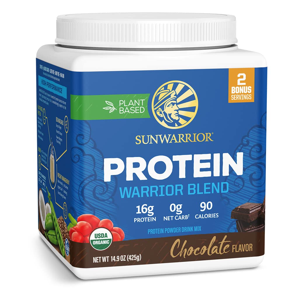 Sunwarrior chocolate protein powder tub for vegan post-workout nutrition.