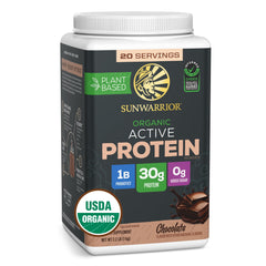 Sunwarrior organic plant-based protein powder chocolate jar for smooth vegan shakes