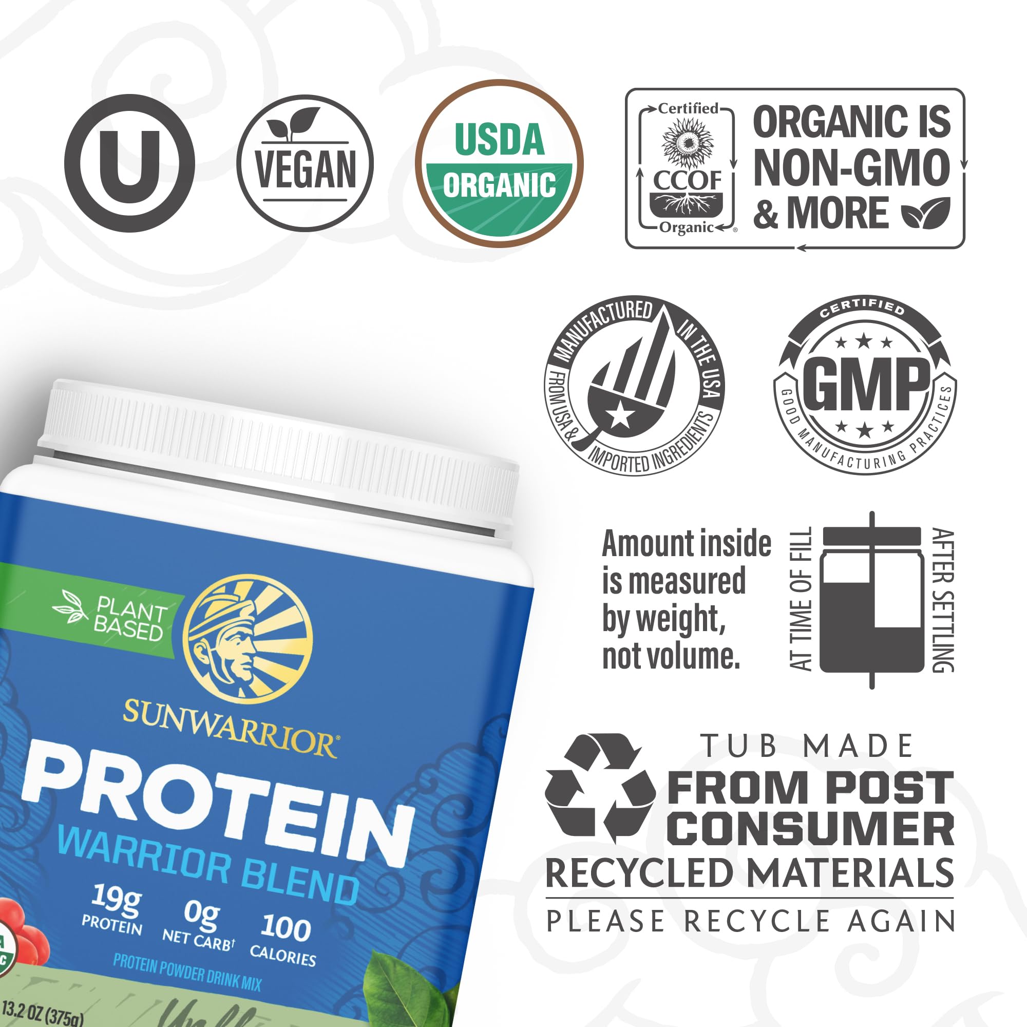 Sunwarrior Organic Plant Based Protein Powder ingredients highlight hemp and pea blend.
