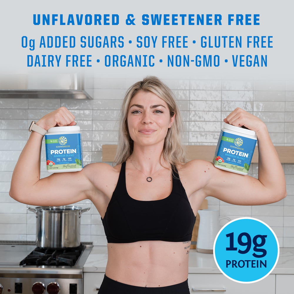 Sunwarrior packaging on shelf representing convenient daily nutrition.