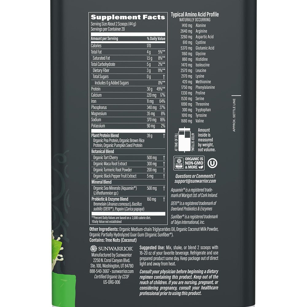 Sunwarrior protein powder pouch beside a blender for post-workout drink
