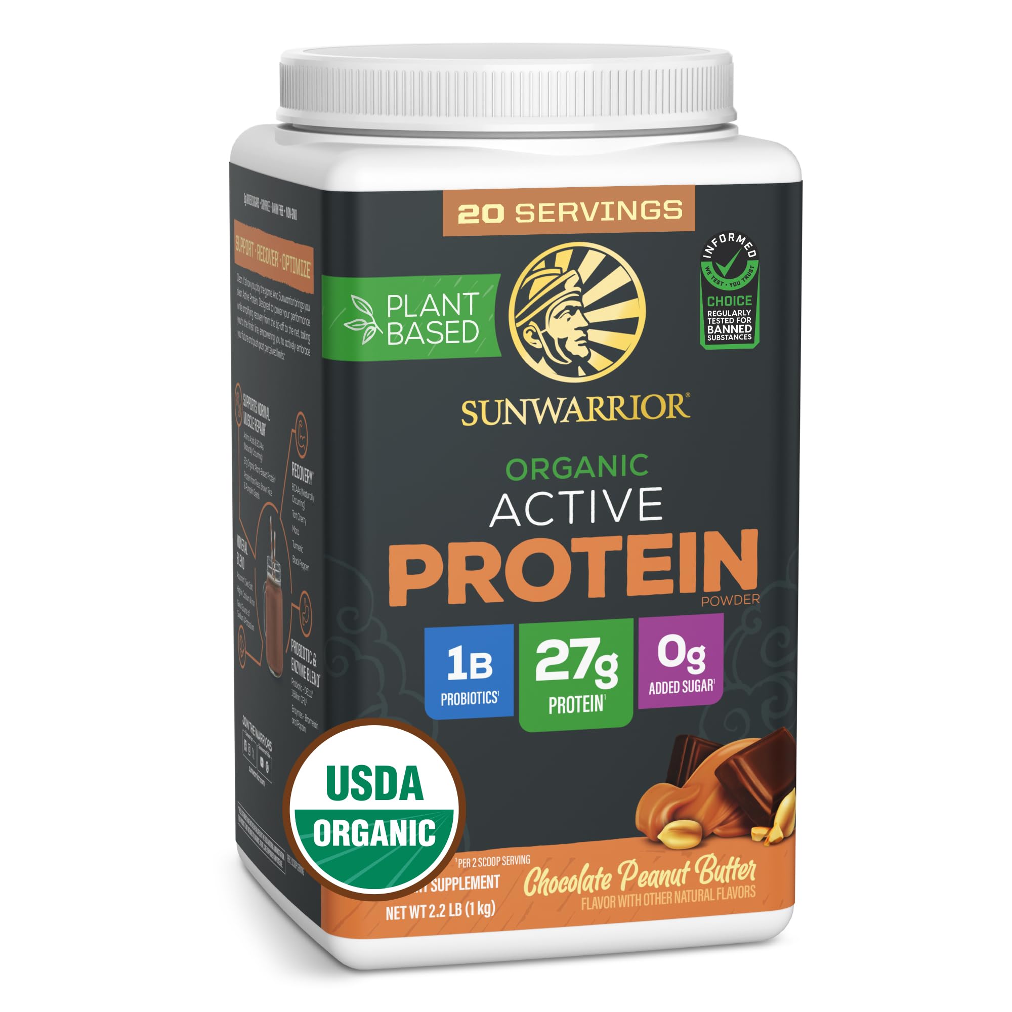 Sunwarrior organic plant-based protein powder tub front showing vegan formula for post-workout recovery