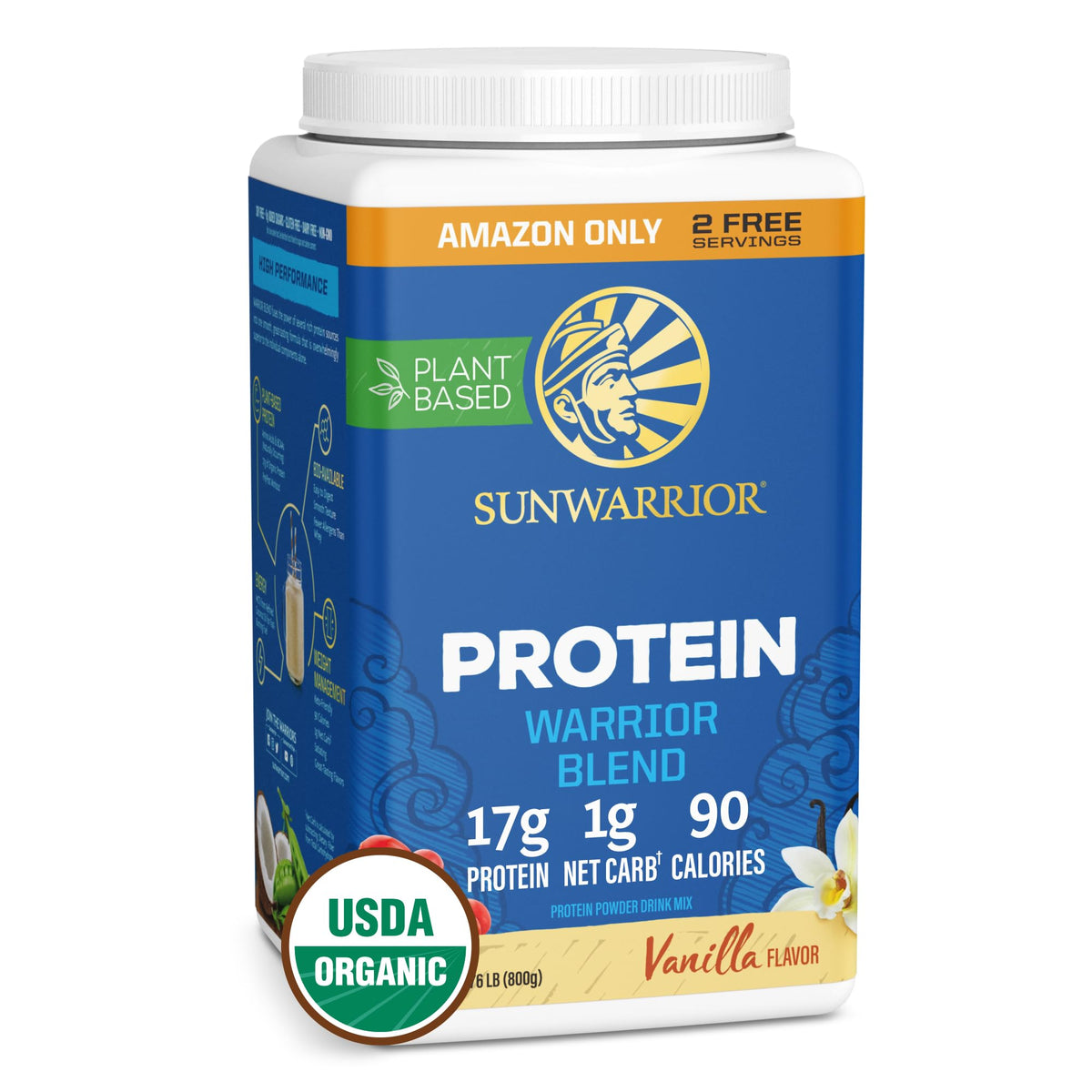 Sunwarrior Organic Plant-Based Vanilla Protein Powder tub for clean vegan nutrition.