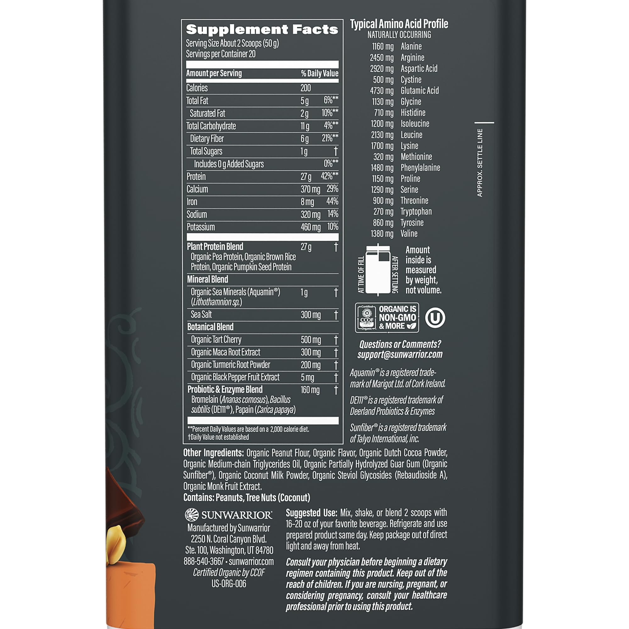 Sunwarrior protein label close-up emphasizing non-GMO and allergen-free ingredients