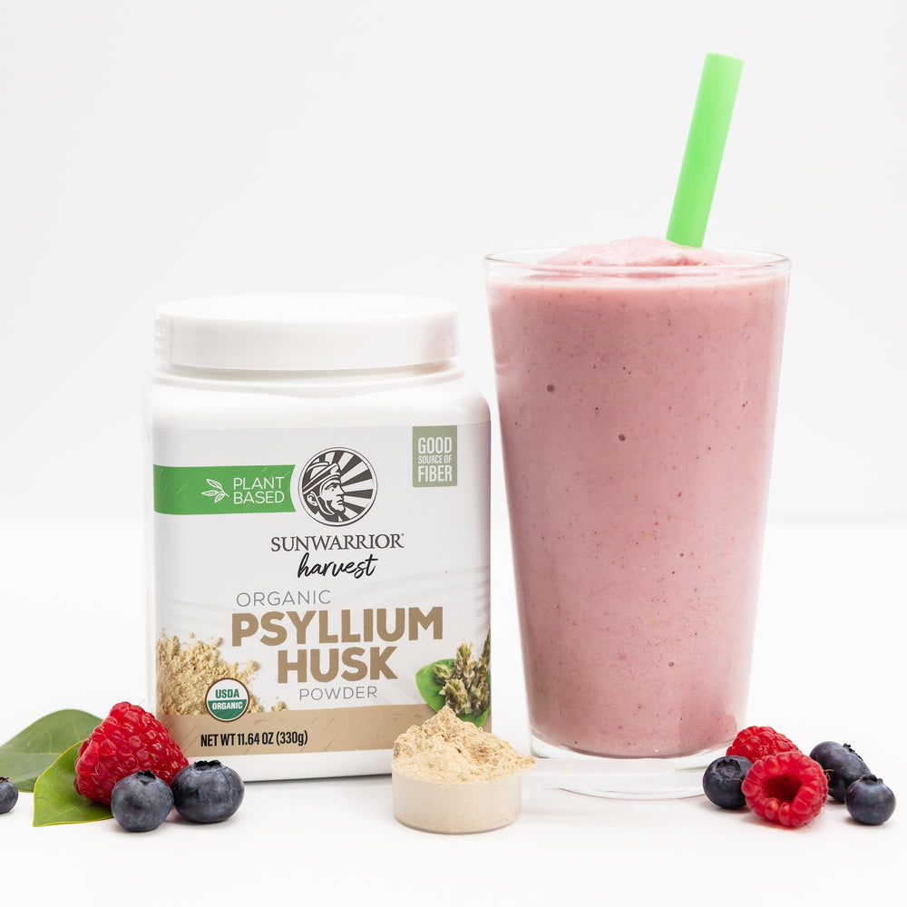 Sunwarrior Organic Psyllium Husk Powder packaging highlights organic, gluten-free, additive-free product.