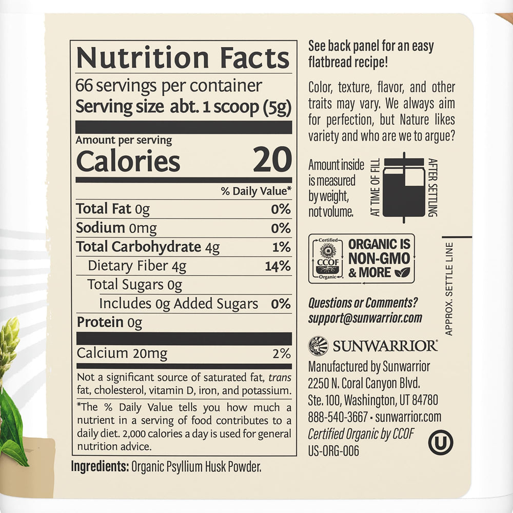 Sunwarrior Organic Psyllium Husk Powder measuring scoop shows easy portioning for smoothies.