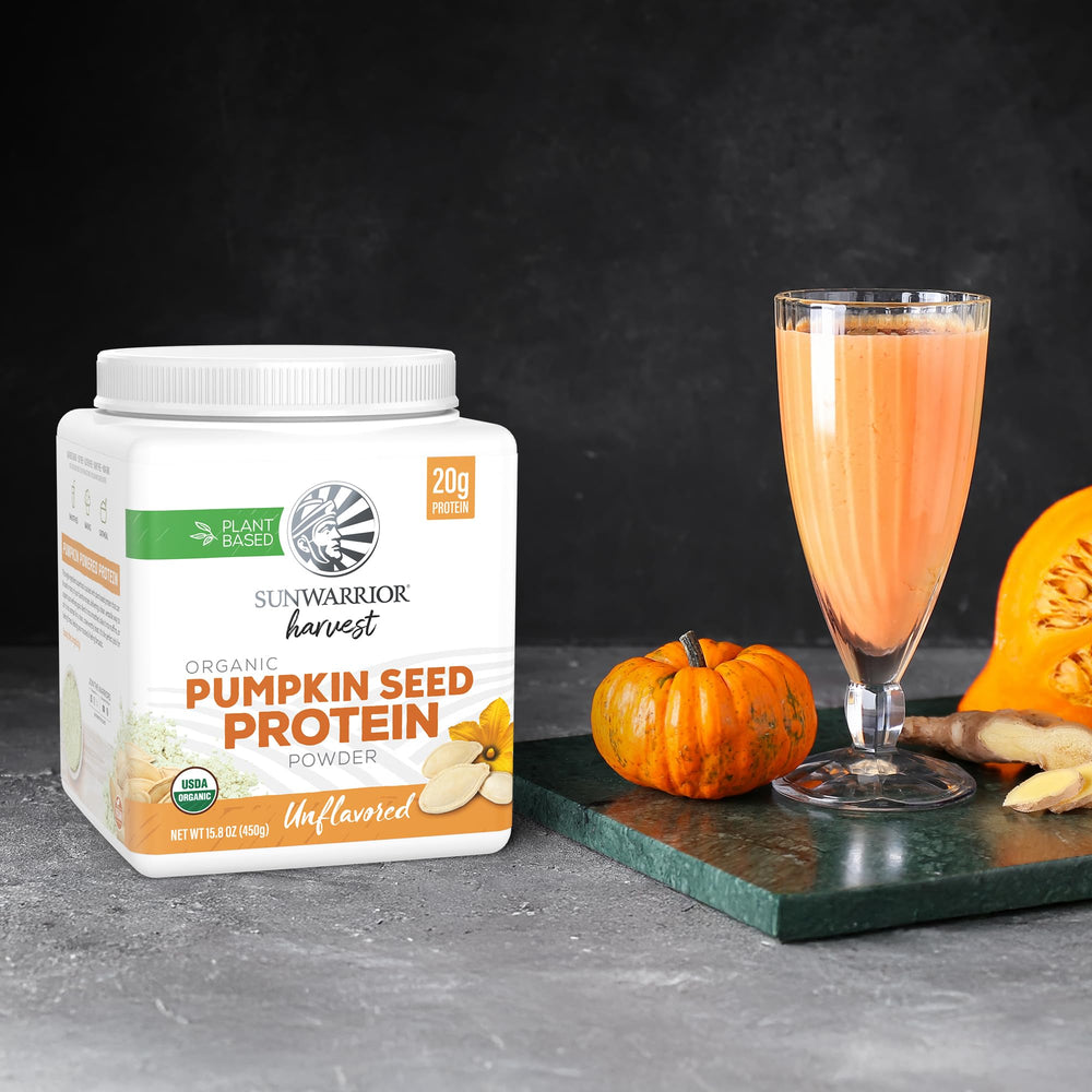 Packaging view of Sunwarrior Organic Pumpkin Seed Protein packaging for simple ingredients.