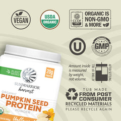 Close-up of Sunwarrior Organic Pumpkin Seed Protein Powder texture for easy blending.