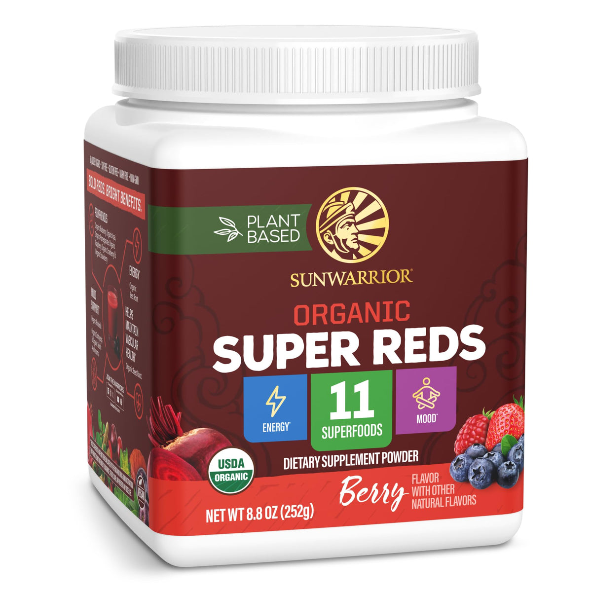 Sunwarrior Organic Super Reds powder tub front for daily energy and wellness