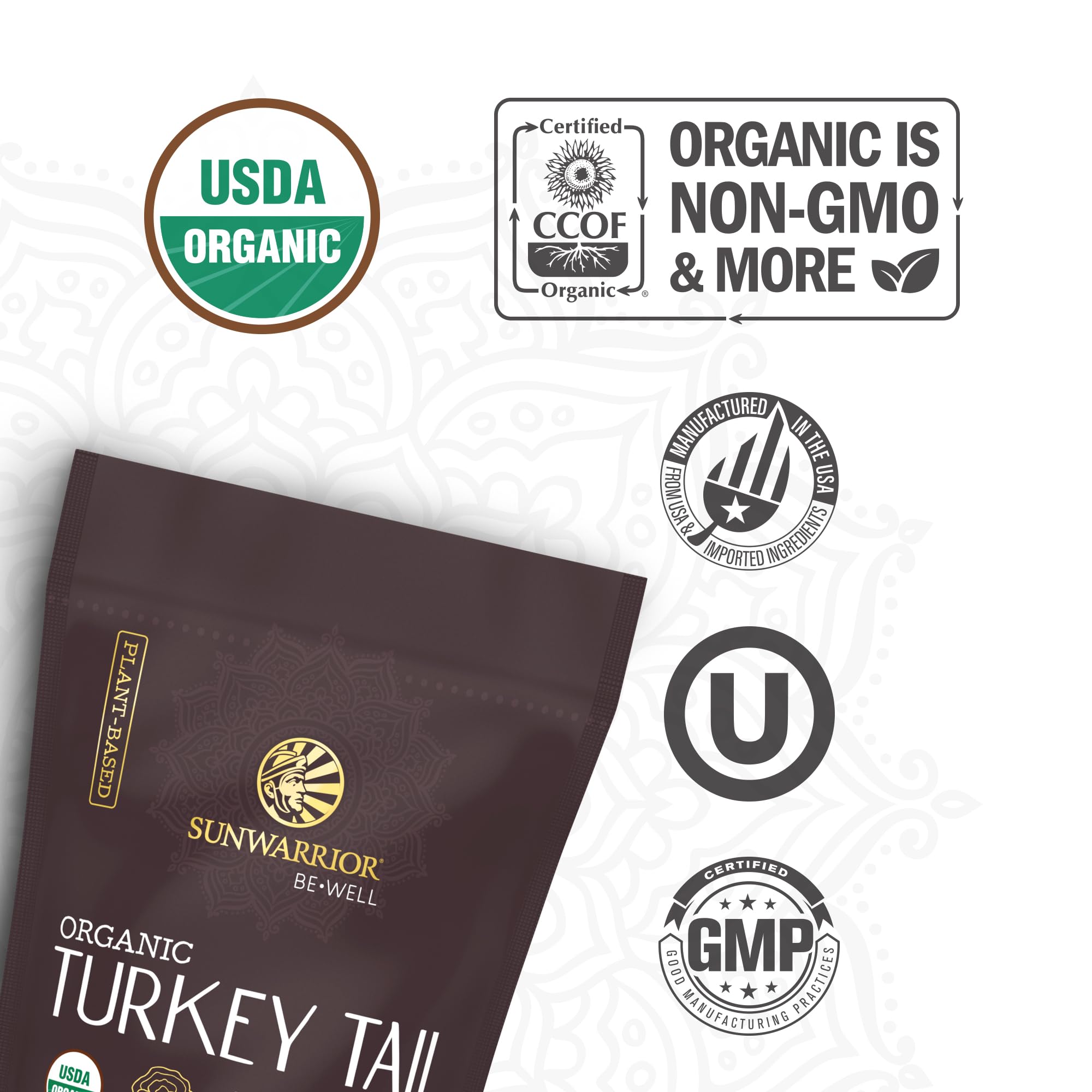 Turkey Tail Mushroom powder ingredient label close-up for transparent grain-free formula.