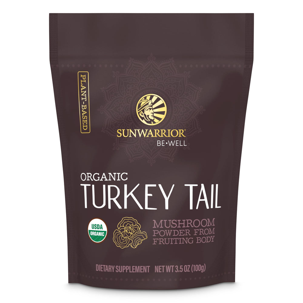 Sunwarrior Organic Turkey Tail powder bottle supports immune wellness and easy daily use.