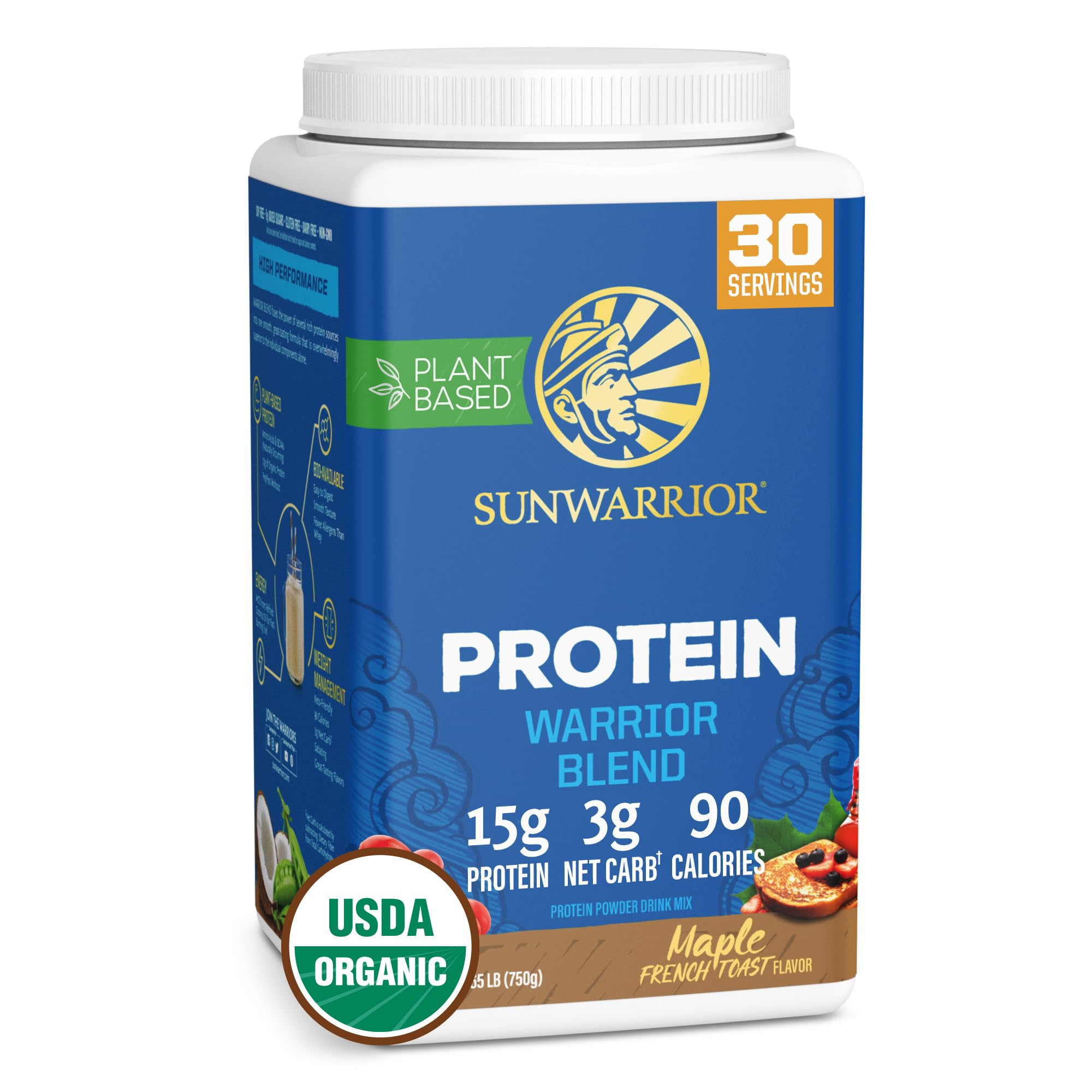 Sunwarrior organic vegan maple protein powder tub with creamy texture for shakes.