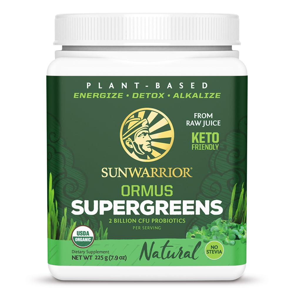 Sunwarrior Ormus Greens bottle closeup showing organic nutrition for daily energy.