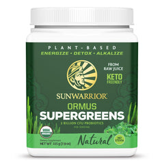 Sunwarrior Ormus Greens bottle closeup showing organic nutrition for daily energy.