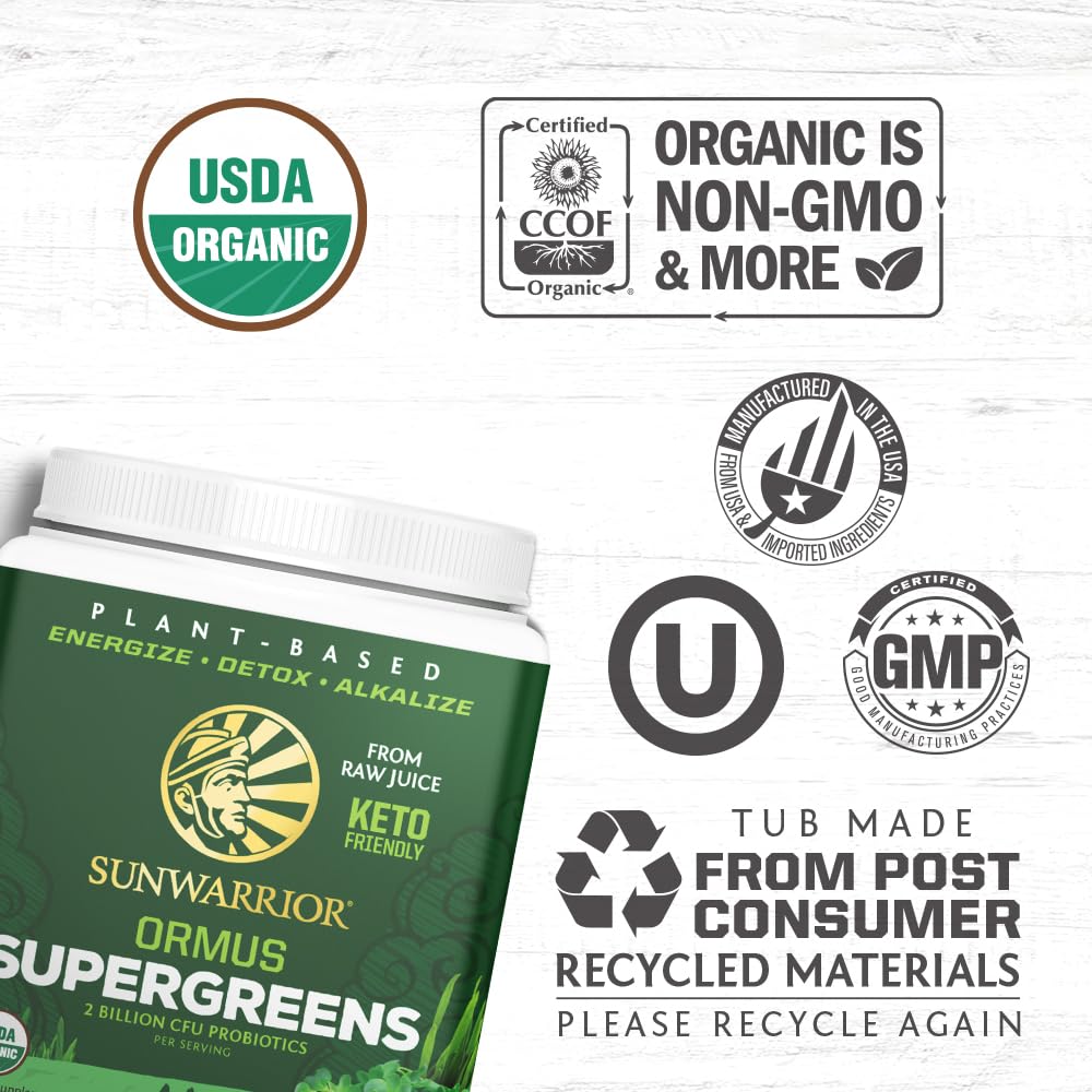 Ingredients panel highlights greens and algae in Sunwarrior Ormus Greens.