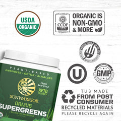 Ingredients panel highlights greens and algae in Sunwarrior Ormus Greens.