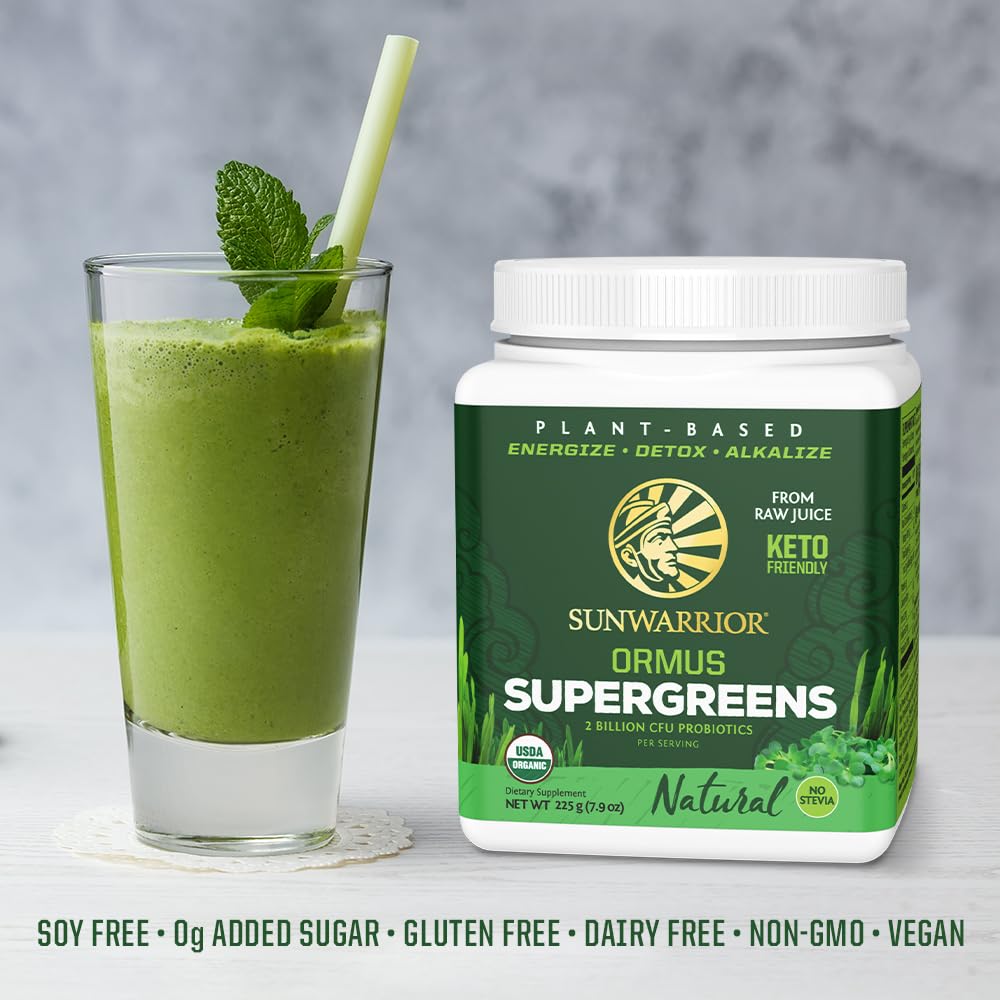 Sunwarrior Ormus Greens powder stirred into water for a refreshing drink.