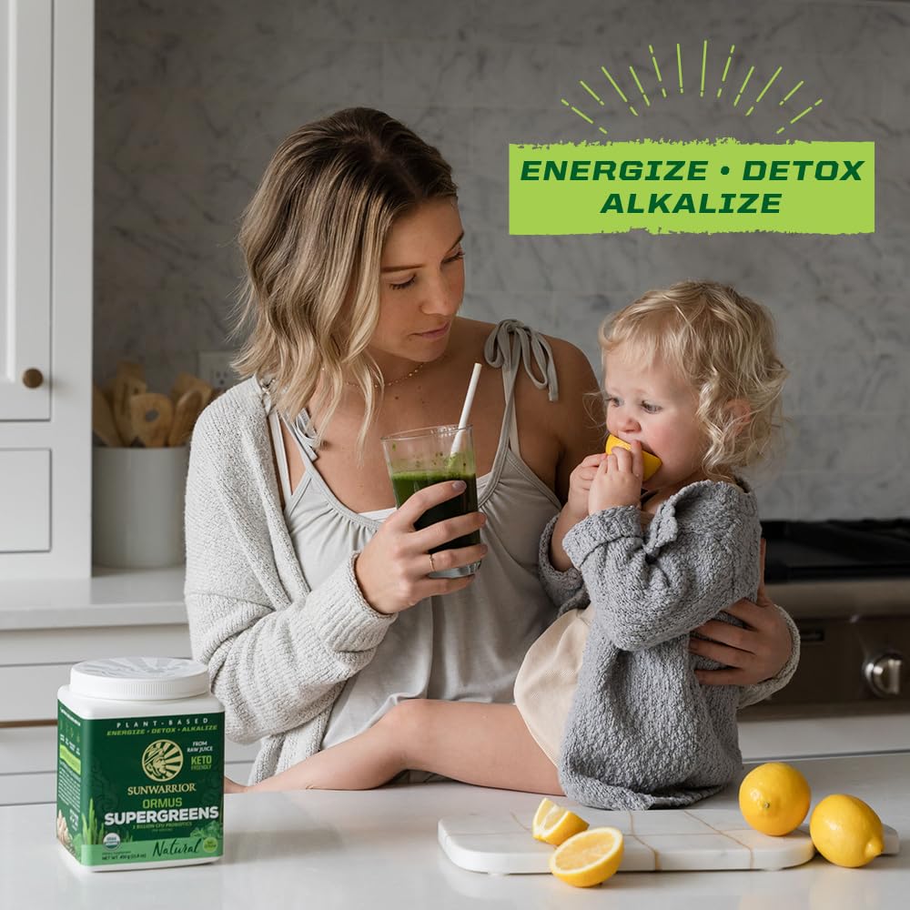 Organic farm sourcing note emphasizes trusted ingredients in Sunwarrior Ormus Greens.