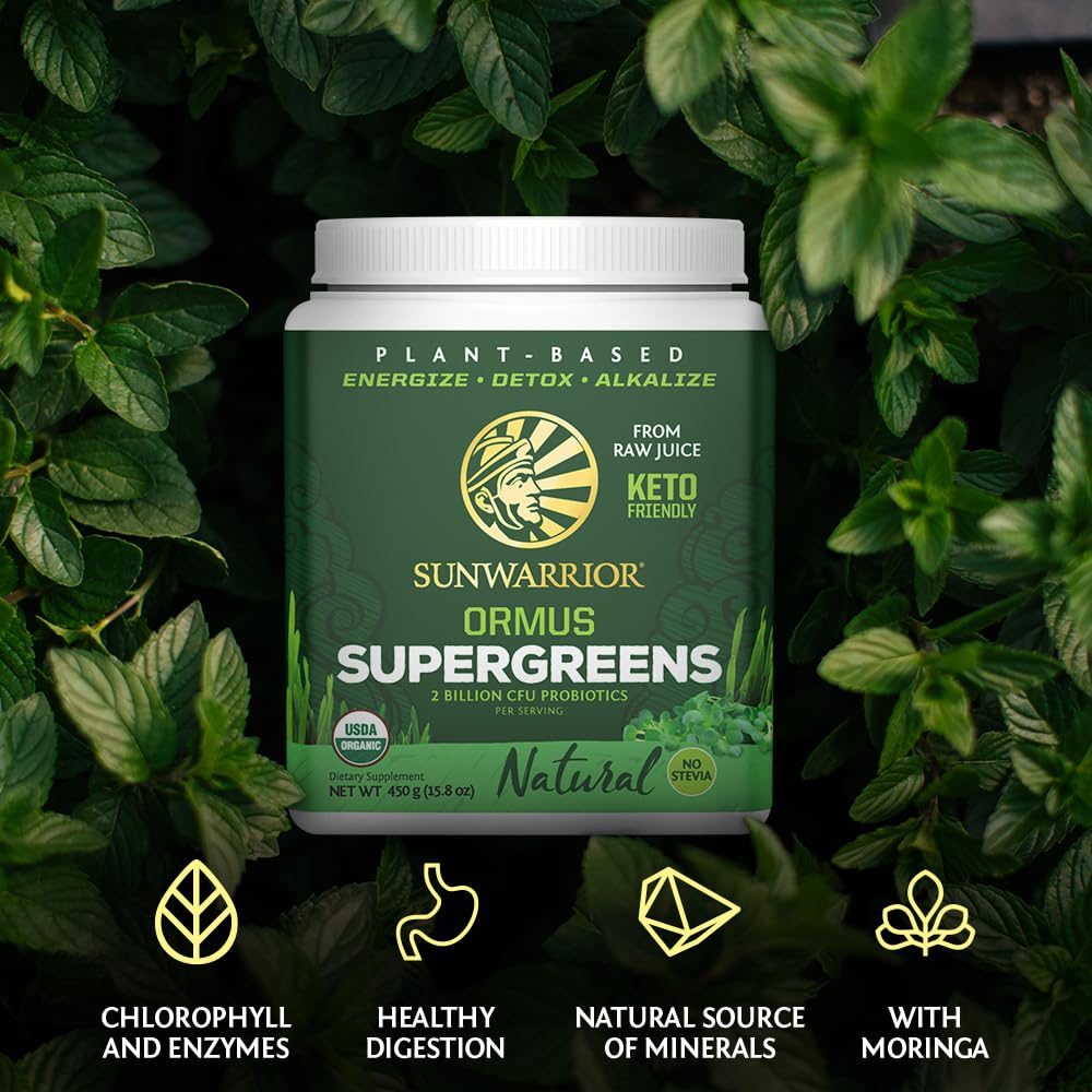 Powder dispensed from Sunwarrior Ormus Greens container for easy mixing.