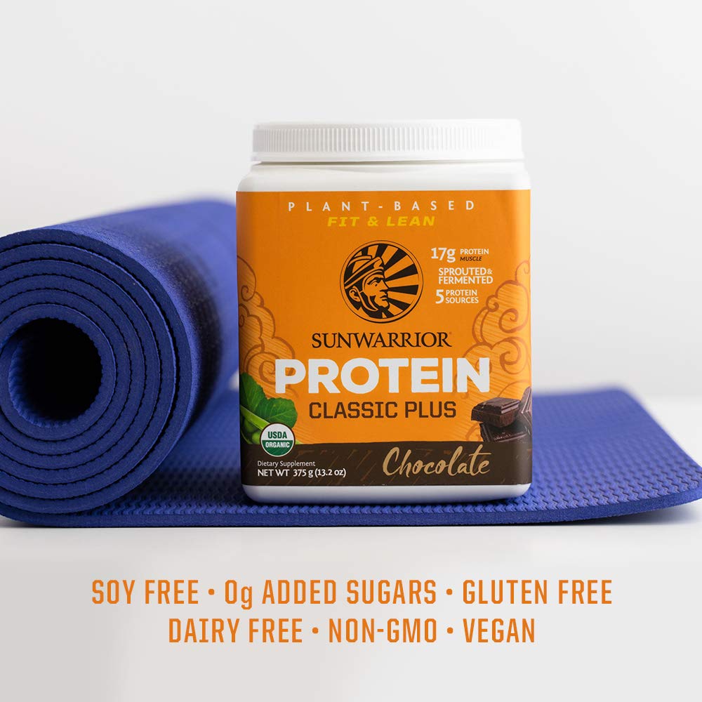Sunwarrior packaging with logo reinforces non-GMO, dairy- and gluten-free protein.