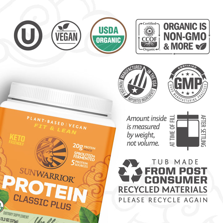 Sunwarrior plant-based formula ingredients highlight organic grains and legumes.