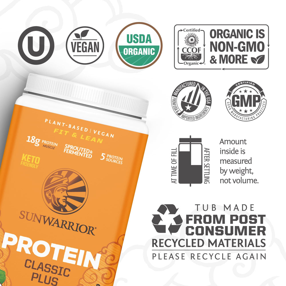 Sunwarrior Vanilla Protein Powder container highlighting non-GMO, gluten-free formula for clean fueling