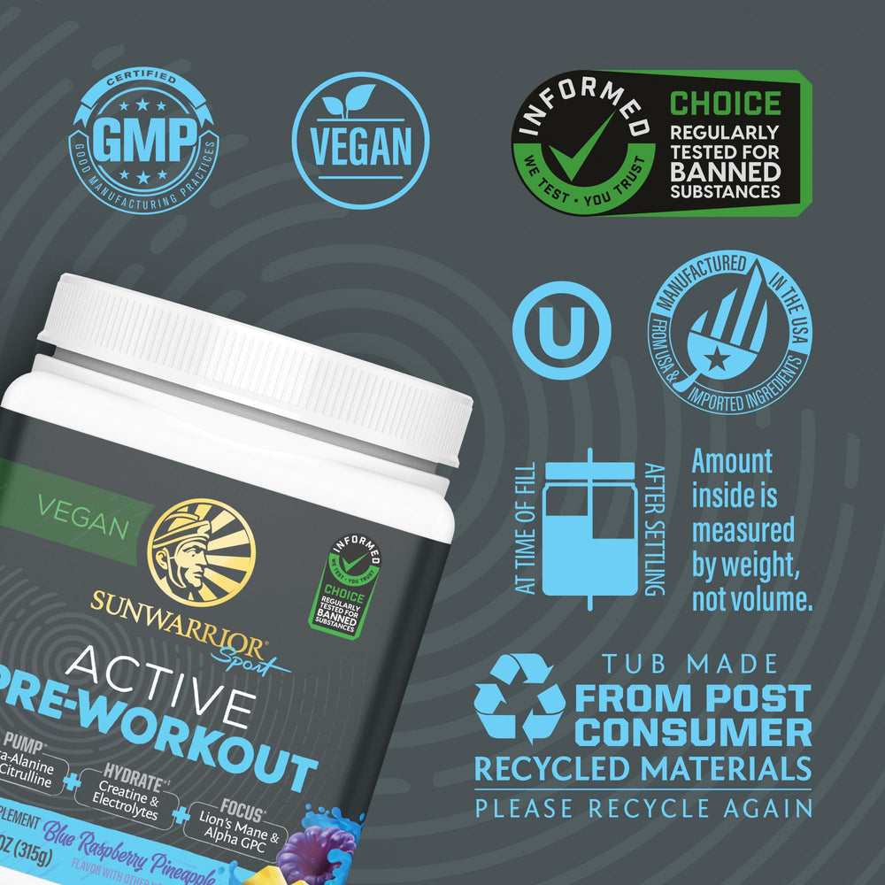 Sunwarrior Pre-Workout ingredients highlight creatine and Lion's Mane for focus and strength.