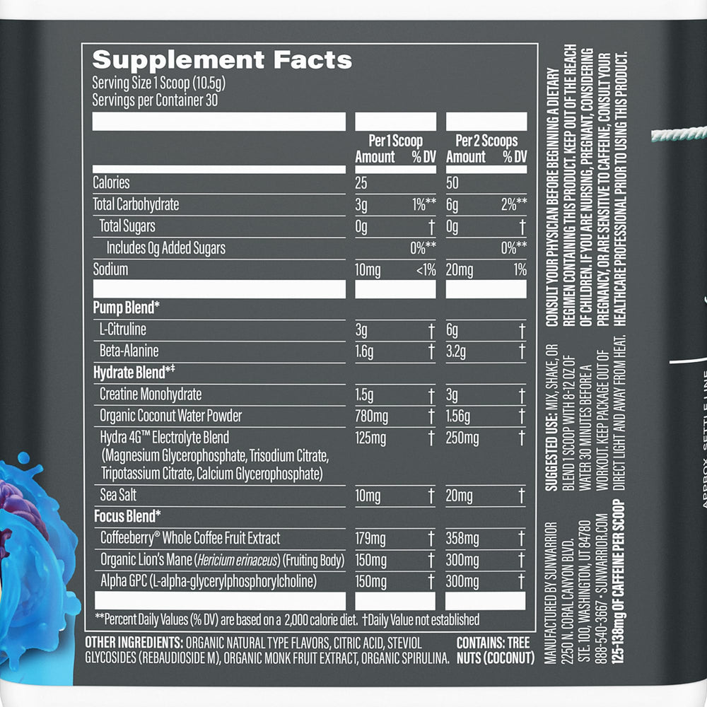 Sunwarrior Pre-Workout powder scoop demonstrates easy serving before training.