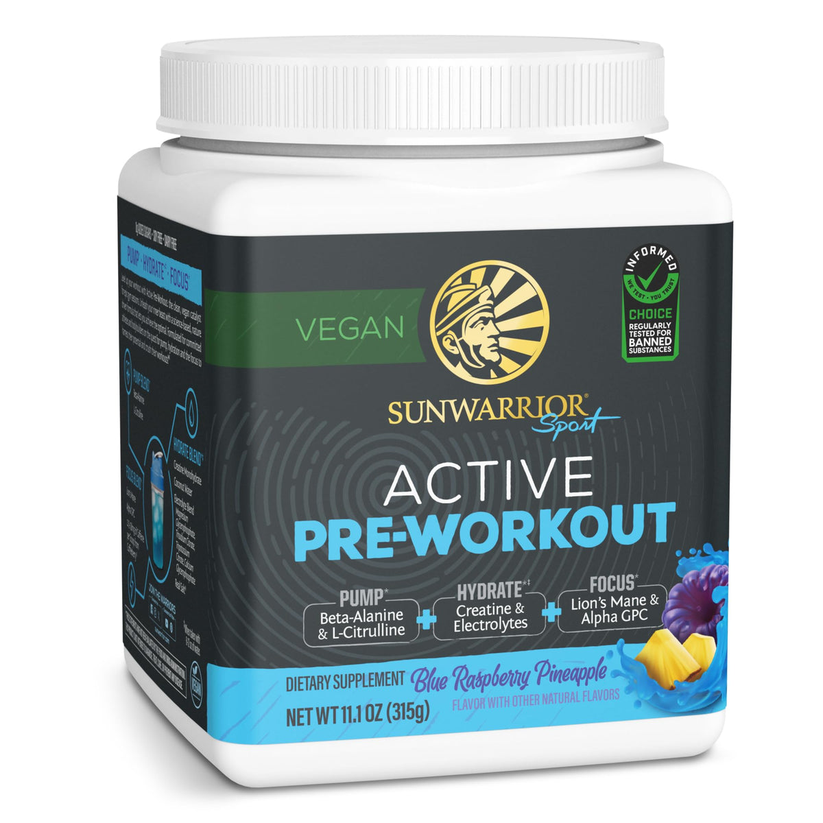 Sunwarrior Pre-Workout tub in blue raspberry pineapple flavor for an energizing pre-workout boost.