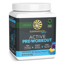Sunwarrior Pre-Workout tub in blue raspberry pineapple flavor for an energizing pre-workout boost.