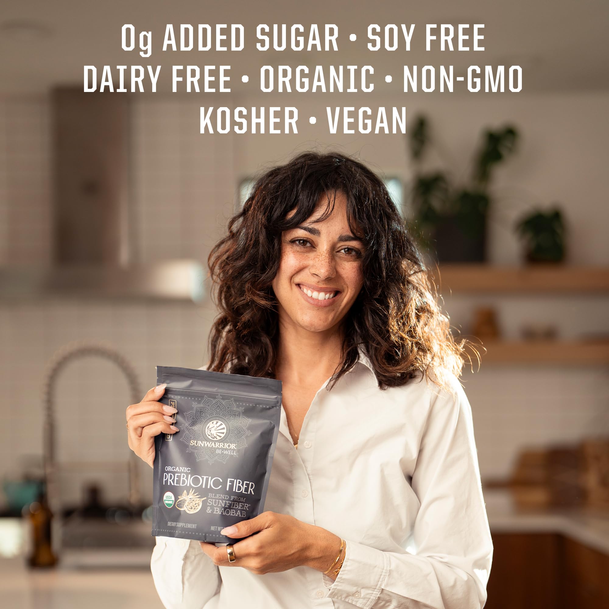 Sunwarrior Be Well prebiotic fiber stirred into smoothie for plant-powered daily routine