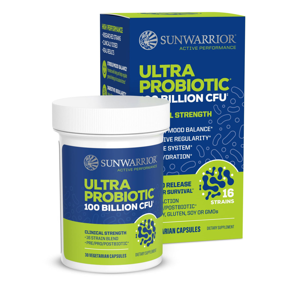 Sunwarrior probiotic 100 billion CFU bottle supports digestive balance on busy days.