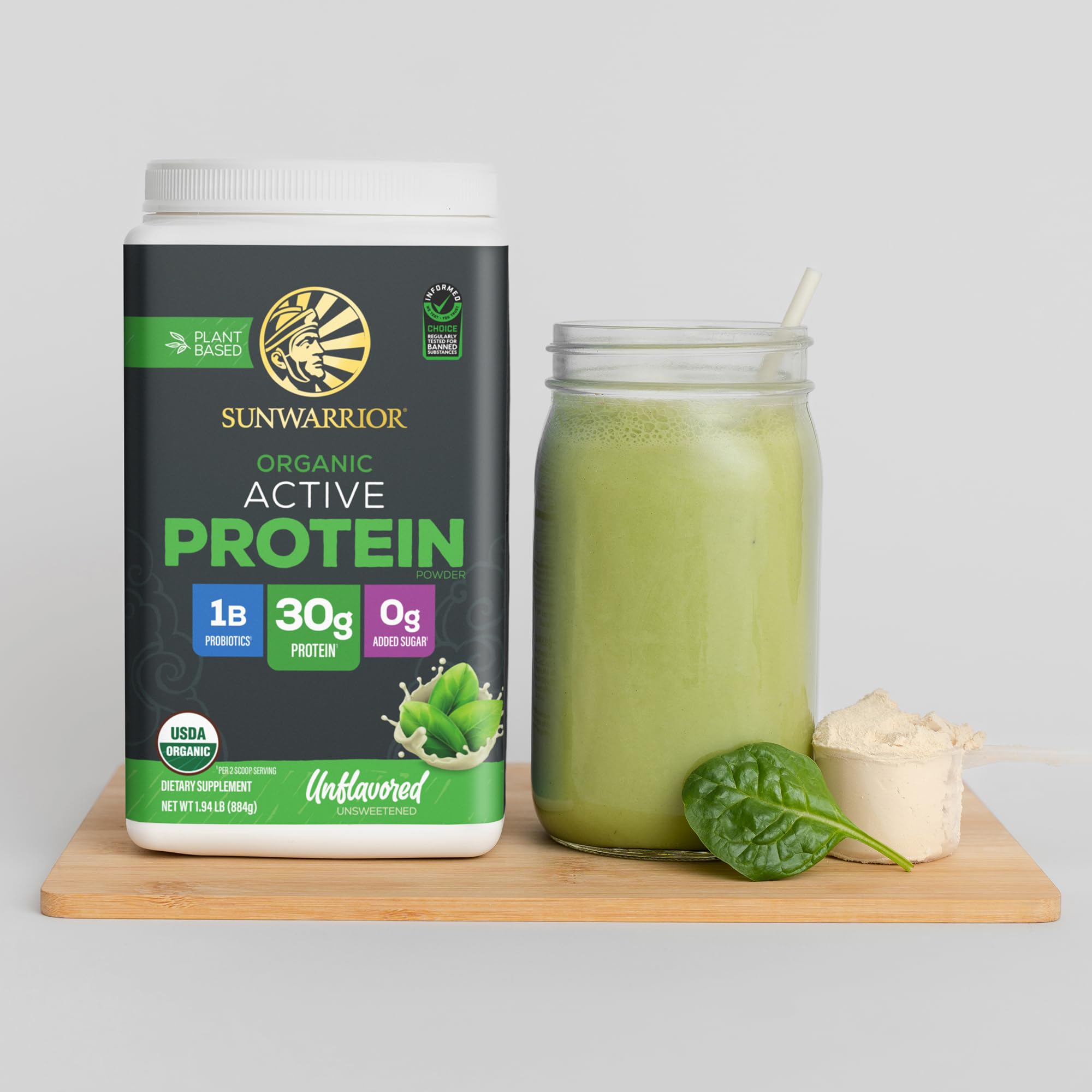 Sunwarrior protein powder on kitchen counter with oats