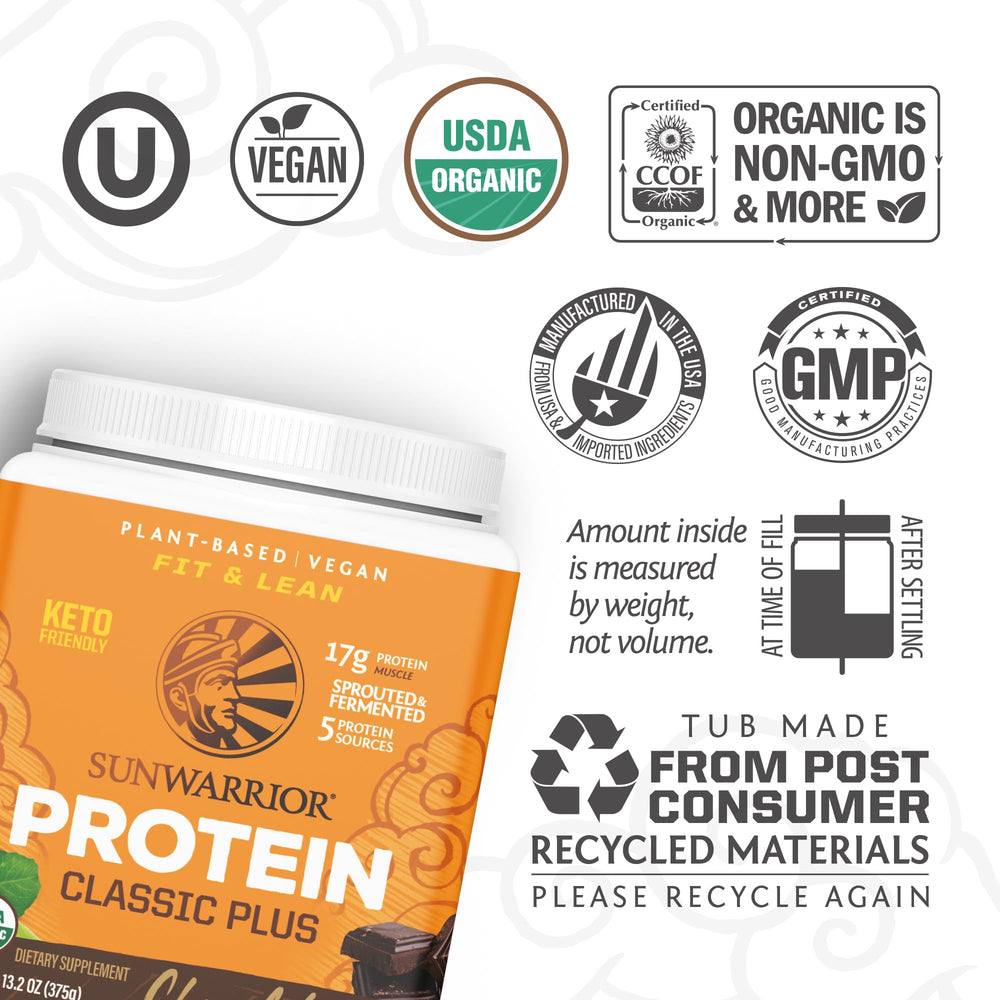 Sunwarrior shake glass with chocolate protein depicts a creamy plant-based drink.