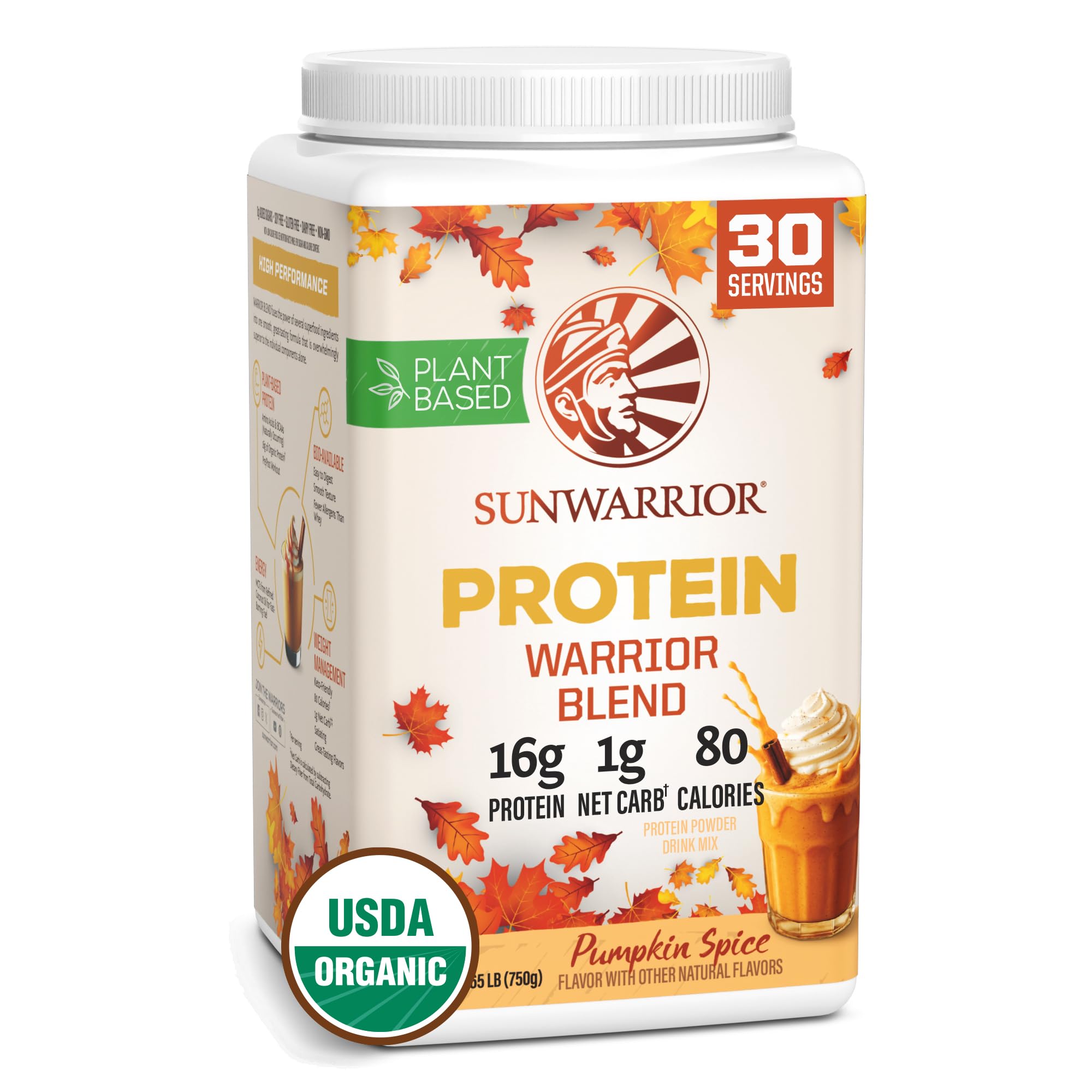 Sunwarrior pumpkin spice vegan protein bottle shows clean, organic formulation for everyday fueling.