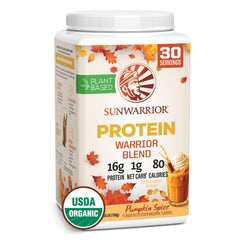Sunwarrior pumpkin spice vegan protein bottle shows clean, organic formulation for everyday fueling.