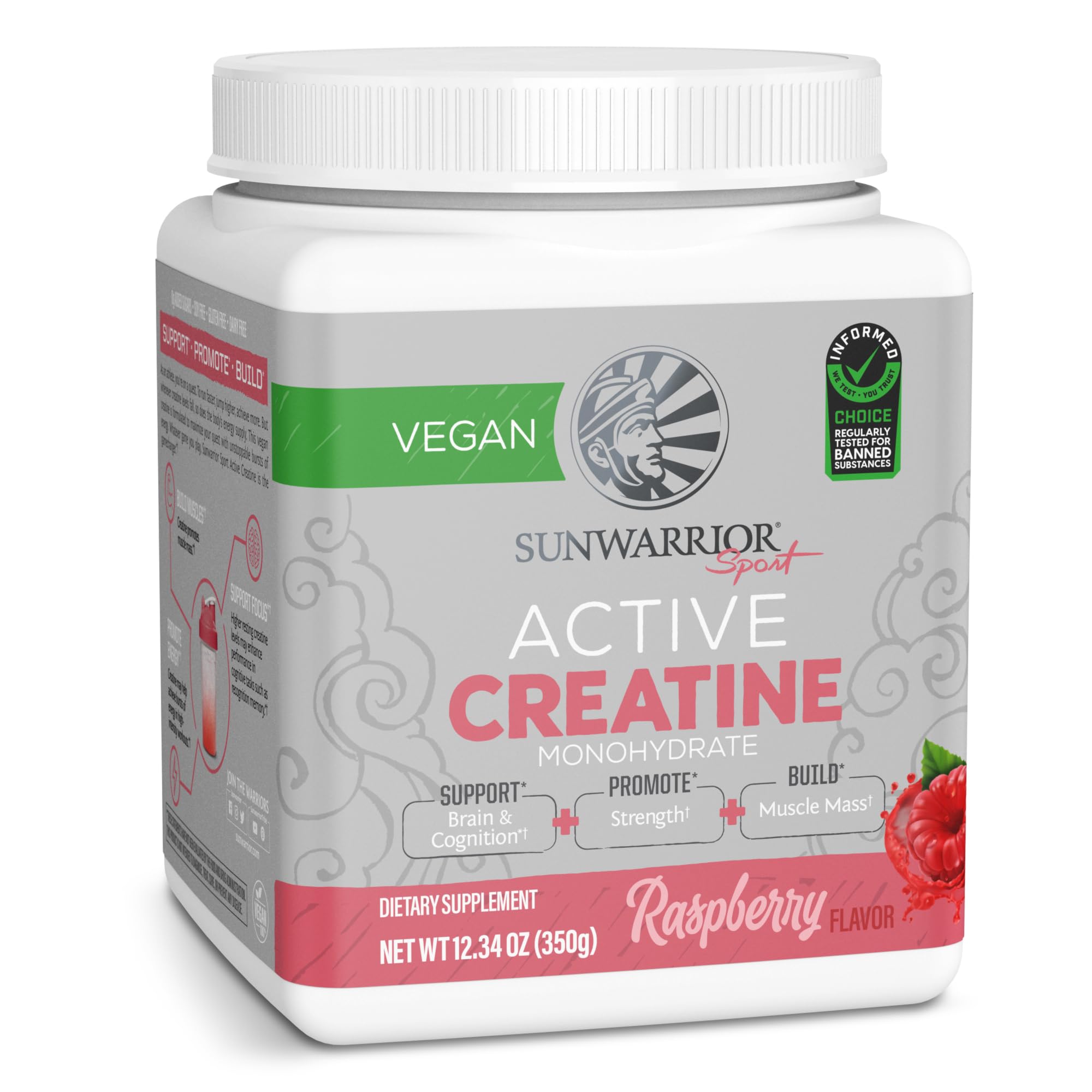 Sunwarrior Raspberry Active Creatine bottle shown on a clean counter, signaling a reliable energy boost