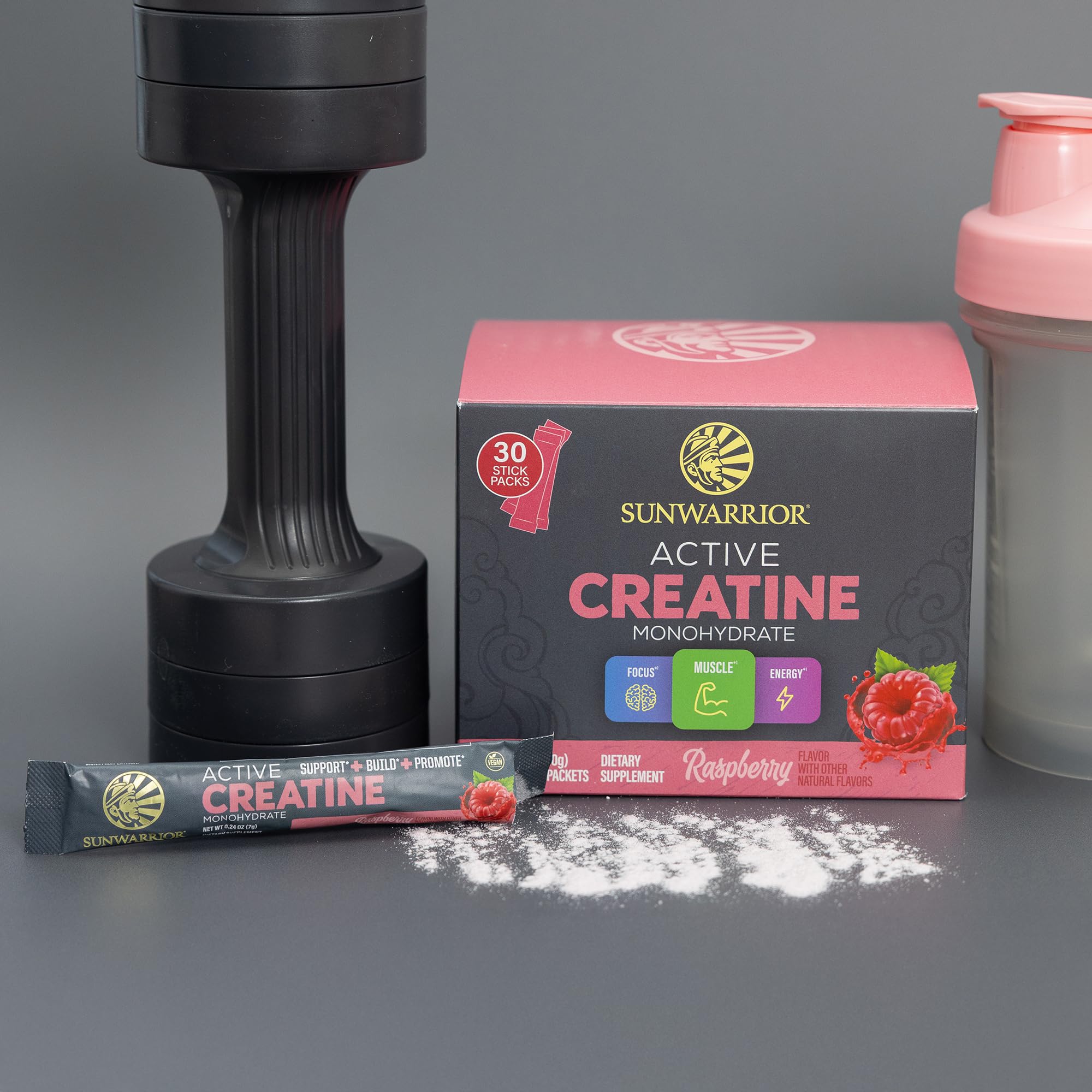 Sunwarrior Raspberry Active Creatine Pack packaging for travel-ready workouts.