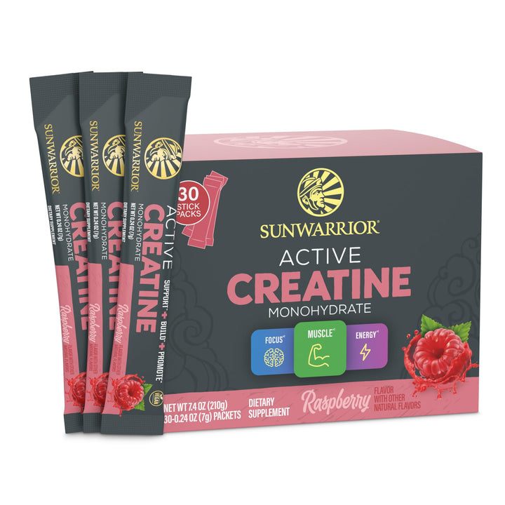 Sunwarrior Raspberry Active Creatine Stick Pack front view shows a compact on-the-go energy option.