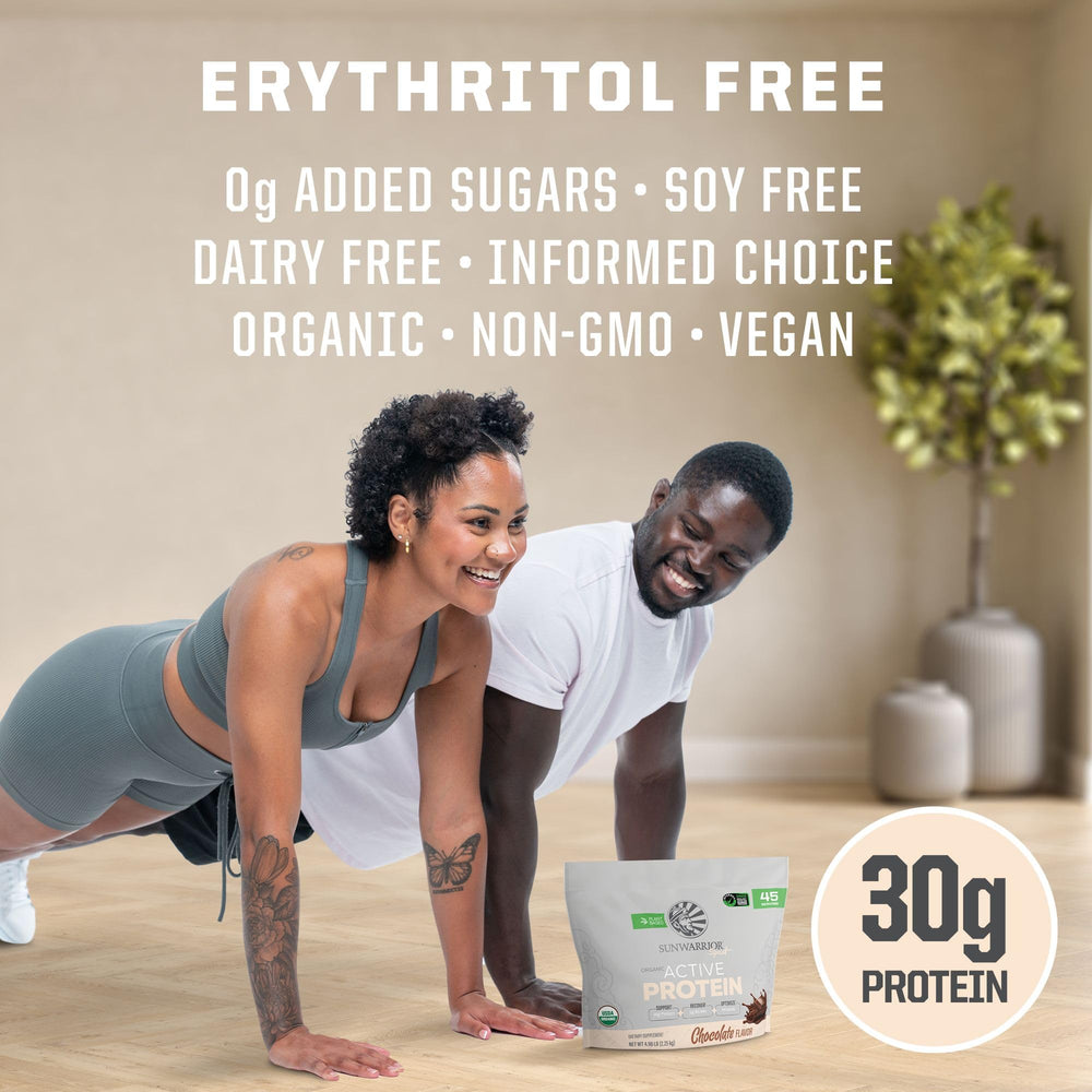 Sunwarrior shake glass with creamy, dairy-free protein boost.