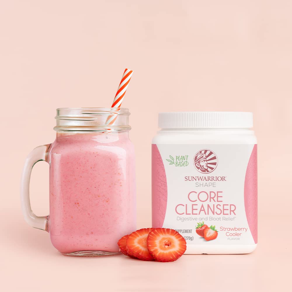 Sunwarrior Strawberry Cooler serving cup highlights flavor and on-the-go mixability.
