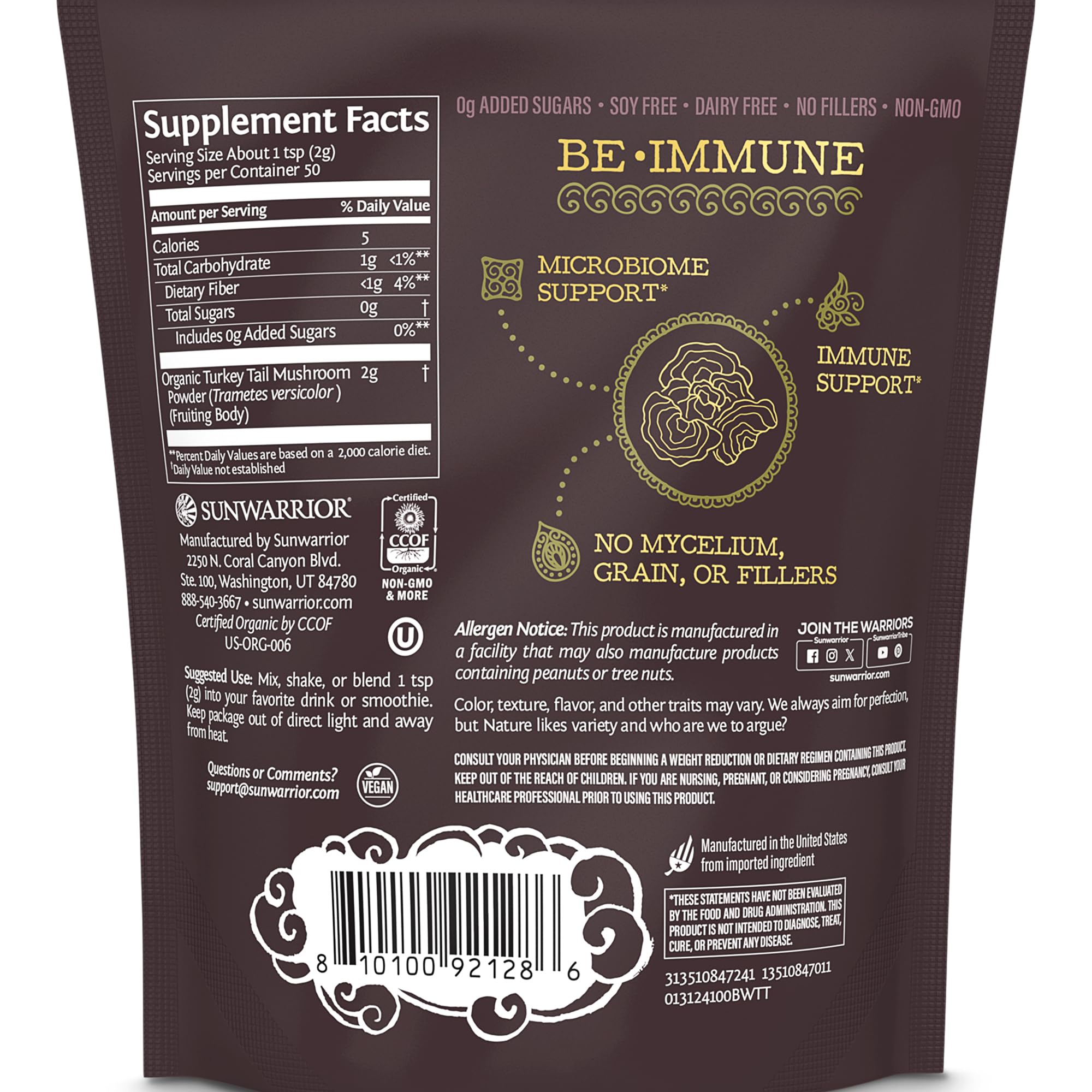 Sunwarrior Turkey Tail powder close-up highlights fine texture ideal for smoothies.