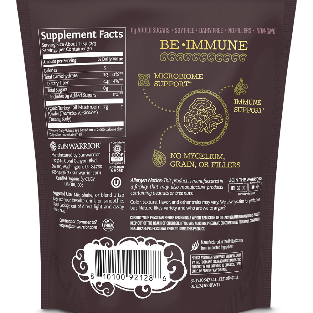 Sunwarrior Turkey Tail powder close-up highlights fine texture ideal for smoothies.
