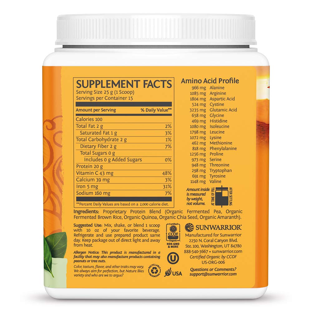 Sunwarrior unflavored vegan protein powder scoop showing easy mixability.