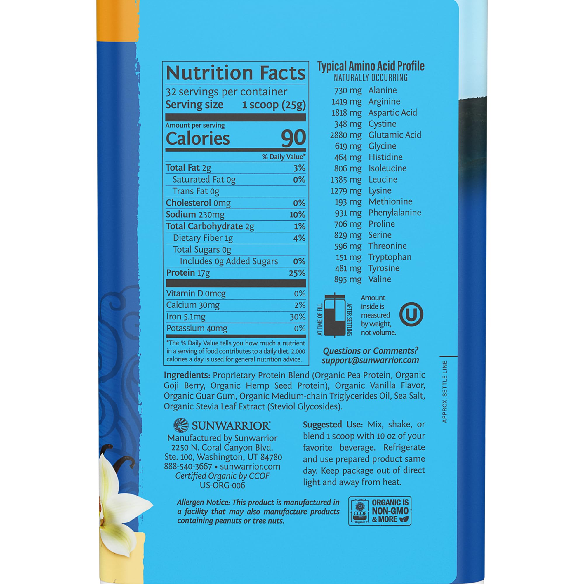 Sunwarrior vanilla protein scoop ready for quick shakes and post-workout recovery.